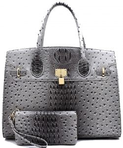Ostrich Embossed Large Satchel Set OS1096W GRAY